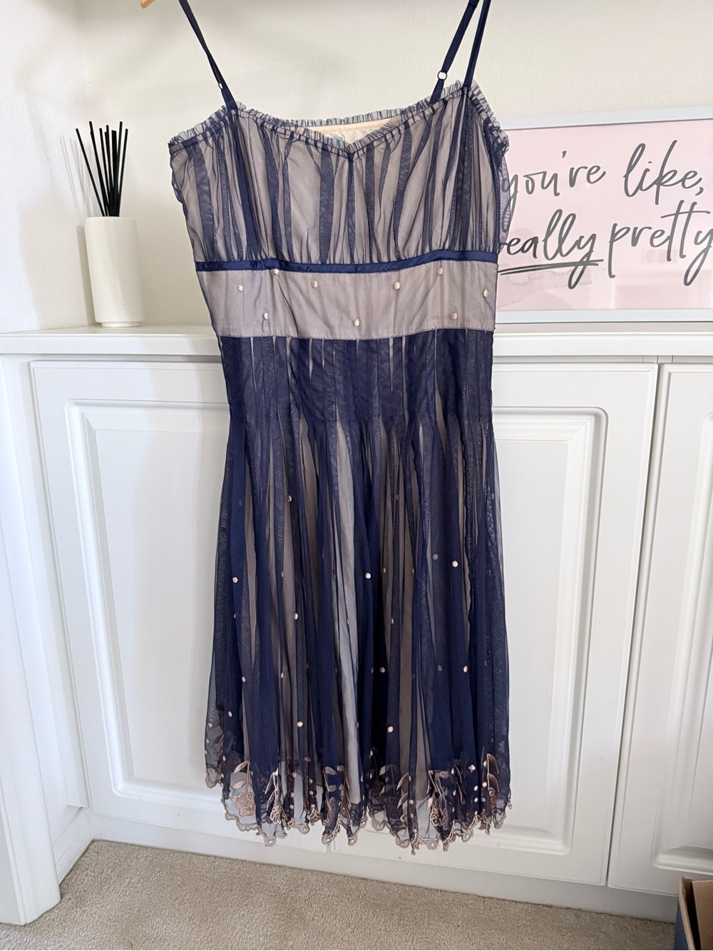 Anthropologie Navy and Nude Mesh Embellished Spaghetti Strap Dress